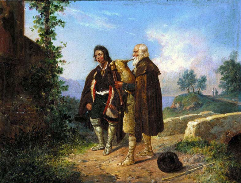 Two peasants, one with the bagpipes by a bridge